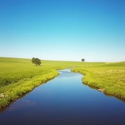 A serene landscape featuring a clear blue sky, lush green fields, and a gentle river flowing through the scene