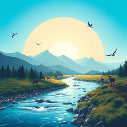 Create an image that is peaceful and serene, featuring a beautiful landscape with mountains, a flowing river, and a clear blue sky