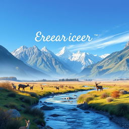 Create an image that is peaceful and serene, featuring a beautiful landscape with mountains, a flowing river, and a clear blue sky