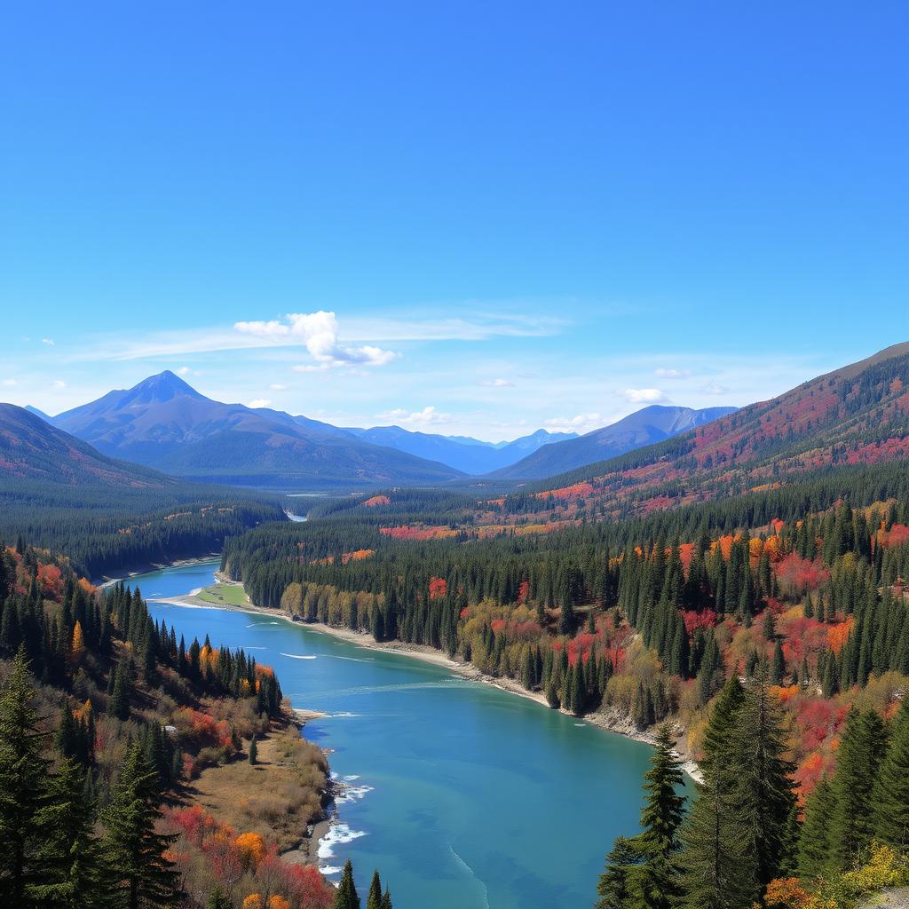 A beautiful landscape with mountains, rivers, and forests under a clear blue sky