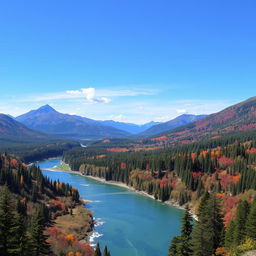 A beautiful landscape with mountains, rivers, and forests under a clear blue sky