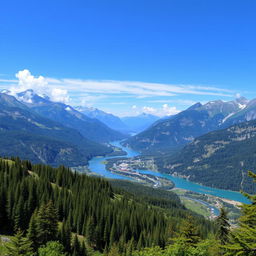 A beautiful landscape with mountains, rivers, and forests under a clear blue sky