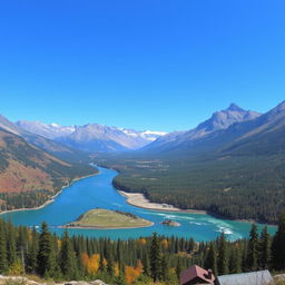 A beautiful landscape with mountains, rivers, and forests under a clear blue sky