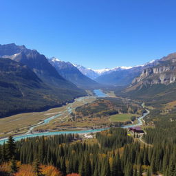 A beautiful landscape with mountains, rivers, and forests under a clear blue sky