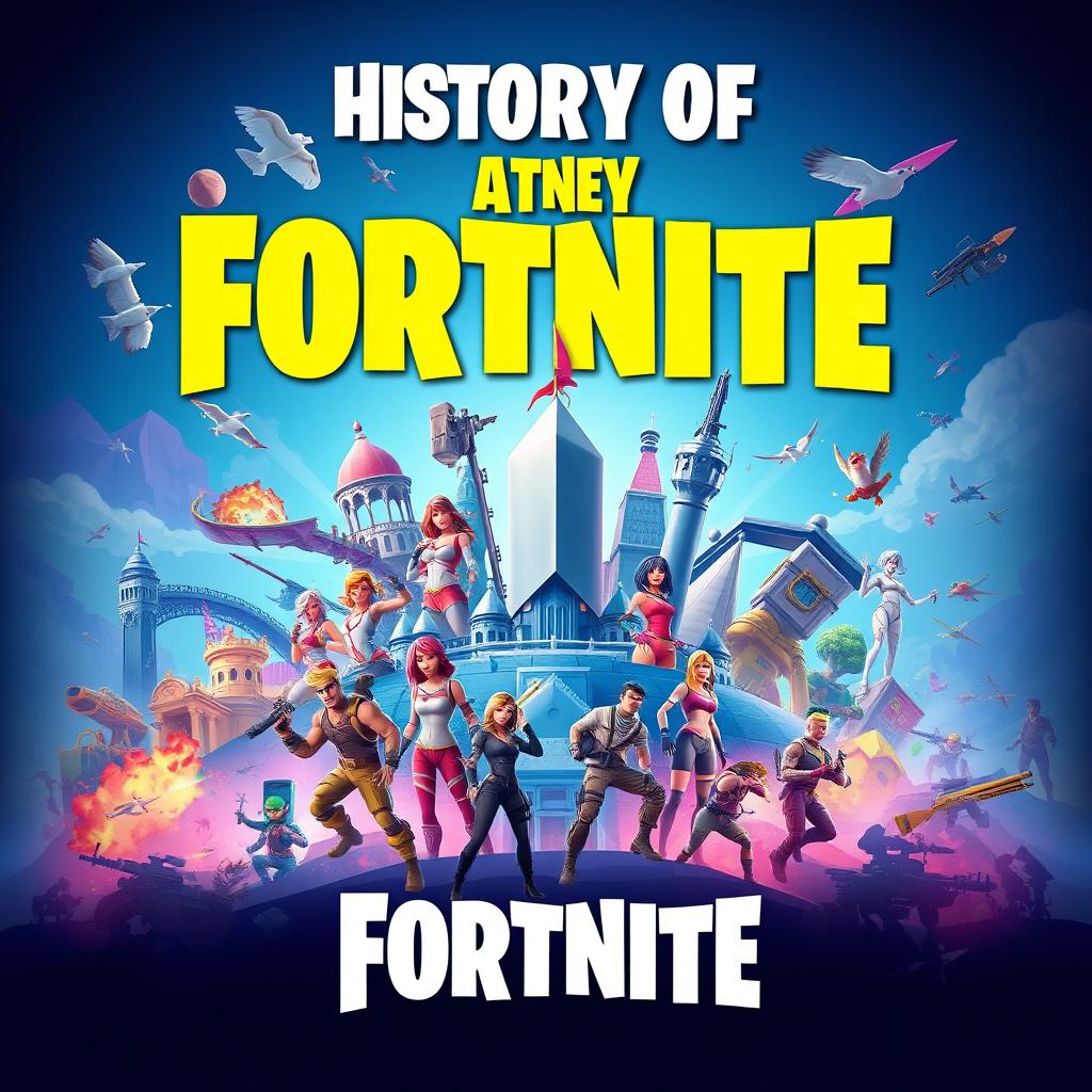 A vibrant and dynamic thumbnail illustrating the history of Fortnite