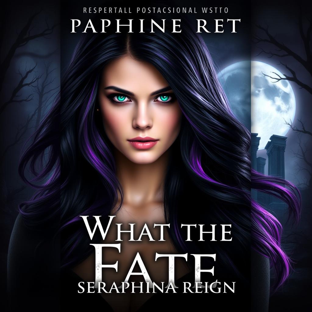 Create a paranormal romance book cover featuring a woman with black and purple hair and green eyes