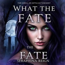 Create a paranormal romance book cover featuring a woman with black and purple hair and green eyes