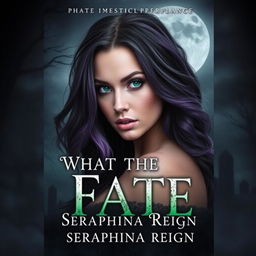 Create a paranormal romance book cover featuring a woman with black and purple hair and green eyes