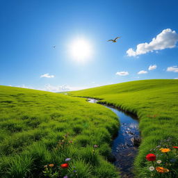 A serene landscape featuring a lush green meadow, a clear blue sky with a few fluffy clouds, and a gentle stream flowing through the scene