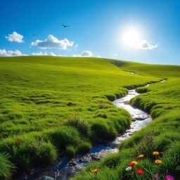 A serene landscape featuring a lush green meadow, a clear blue sky with a few fluffy clouds, and a gentle stream flowing through the scene