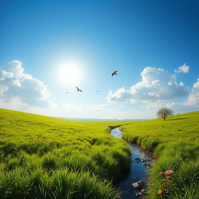 A serene landscape featuring a lush green meadow, a clear blue sky with a few fluffy clouds, and a gentle stream flowing through the scene