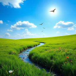 A serene landscape featuring a lush green meadow, a clear blue sky with a few fluffy clouds, and a gentle stream flowing through the scene