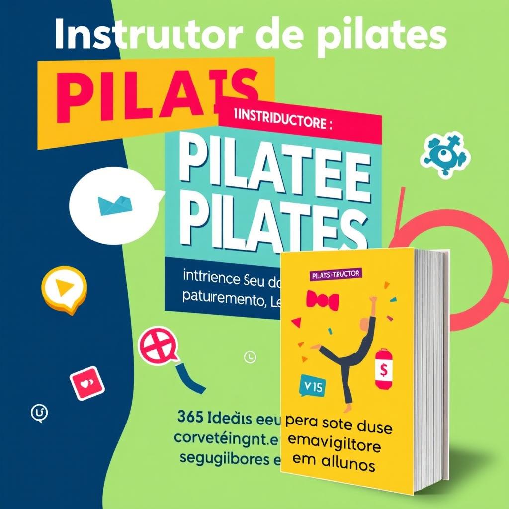 A vibrant and engaging advertisement poster for Pilates instructors, promoting a book titled 'Instrutor de pilates: Aumente seu faturamento - 365 Ideias para postar e converter seguidores em alunos'