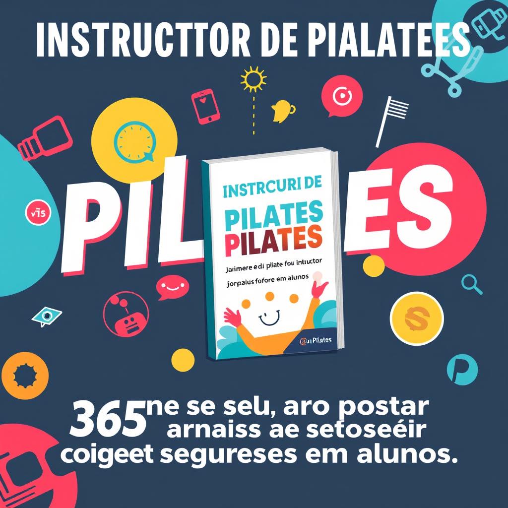 A vibrant and engaging advertisement poster for Pilates instructors, promoting a book titled 'Instrutor de pilates: Aumente seu faturamento - 365 Ideias para postar e converter seguidores em alunos'