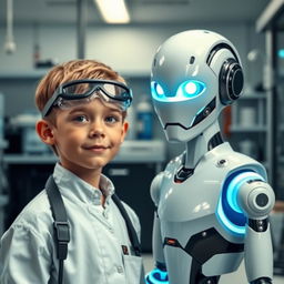 A human boy and an artificial intelligence robot together in a laboratory