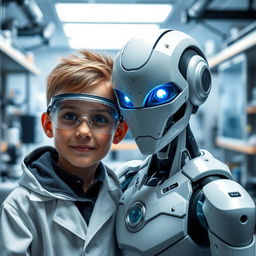 A human boy and an artificial intelligence robot together in a laboratory