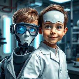 A human boy and an artificial intelligence robot together in a laboratory