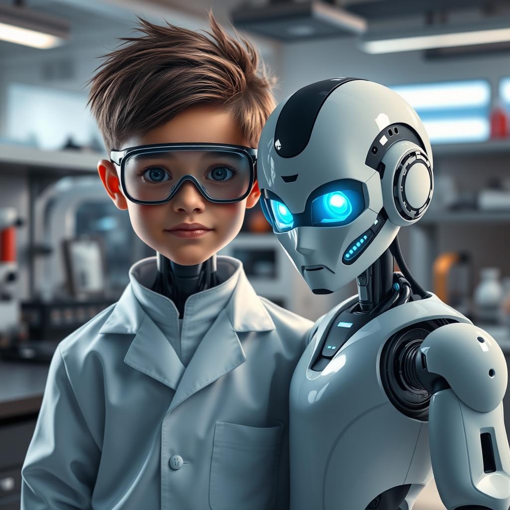 A human boy and an artificial intelligence robot together in a laboratory