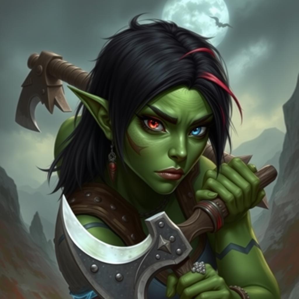 Create an image of a female githyanki barbarian with green skin, a small upturned nose, one red eye and one blue eye