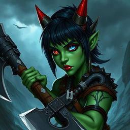 Create an image of a female githyanki barbarian with green skin, a small upturned nose, one red eye and one blue eye