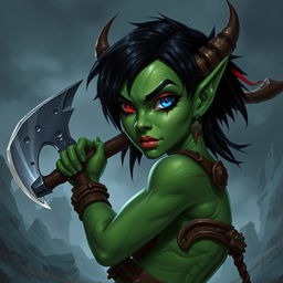 Create an image of a female githyanki barbarian with green skin, a small upturned nose, one red eye and one blue eye