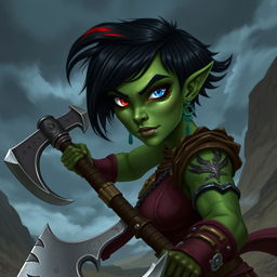 Create an image of a female githyanki barbarian with green skin, a small upturned nose, one red eye and one blue eye