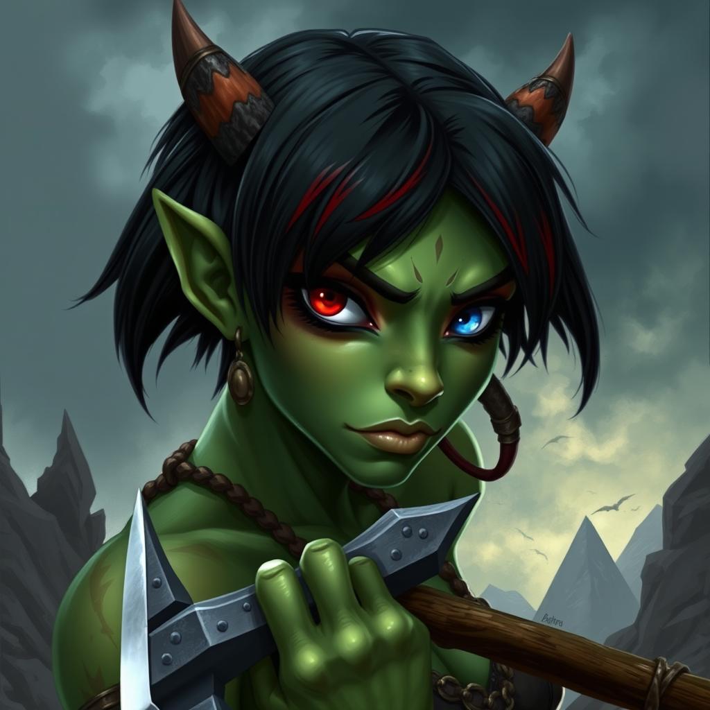 Create an image of a female githyanki barbarian with green skin, a small upturned nose, one red eye and one blue eye