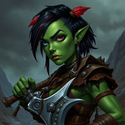 Create an image of a female githyanki barbarian with green skin, a small upturned nose, one red eye and one blue eye