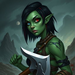 Create an image of a female githyanki barbarian with green skin, a small upturned nose, one red eye and one blue eye