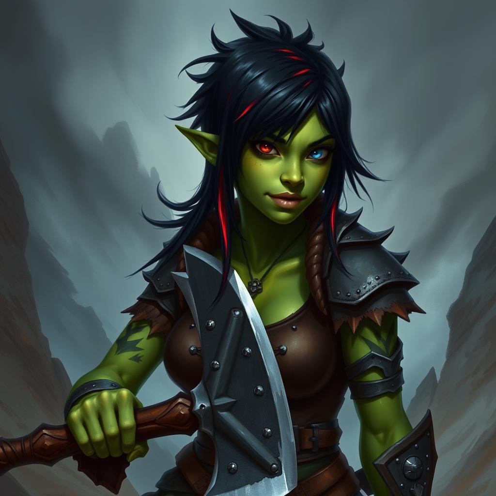 Create an image of a female githyanki barbarian with green skin, a small upturned nose, one red eye and one blue eye