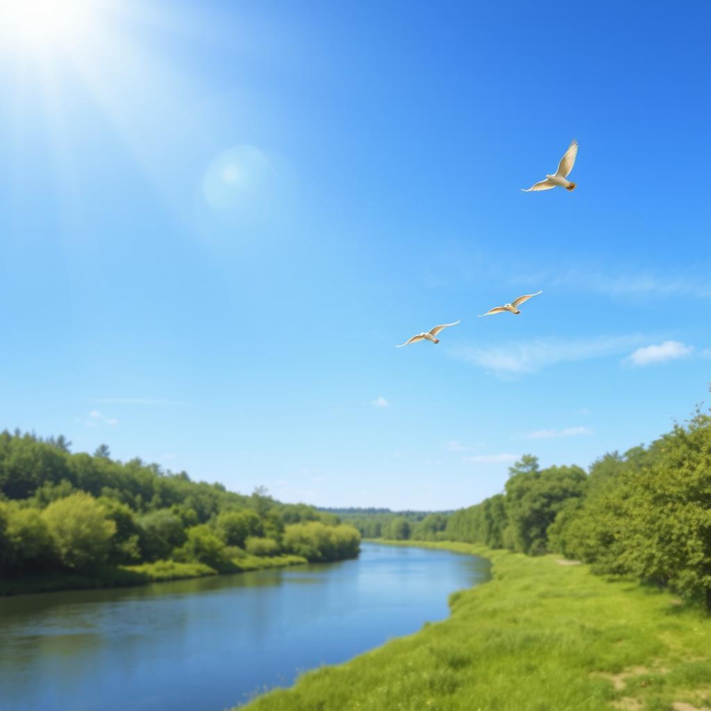 Create an image featuring a serene landscape with a clear blue sky, a calm river flowing through a lush green forest, and a few colorful birds flying in the sky