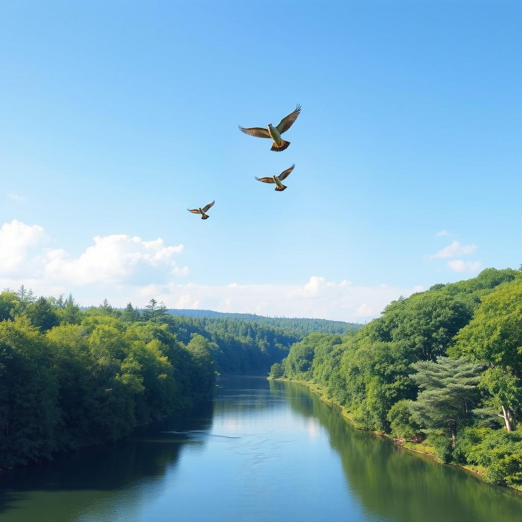 Create an image featuring a serene landscape with a clear blue sky, a calm river flowing through a lush green forest, and a few colorful birds flying in the sky