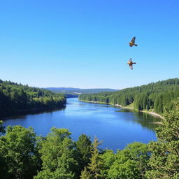 Create an image featuring a serene landscape with a clear blue sky, a calm river flowing through a lush green forest, and a few colorful birds flying in the sky