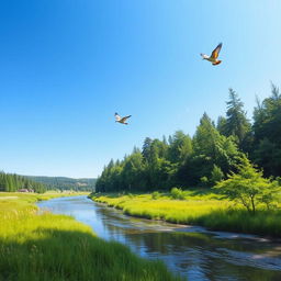 Create an image featuring a serene landscape with a clear blue sky, a calm river flowing through a lush green forest, and a few colorful birds flying in the sky