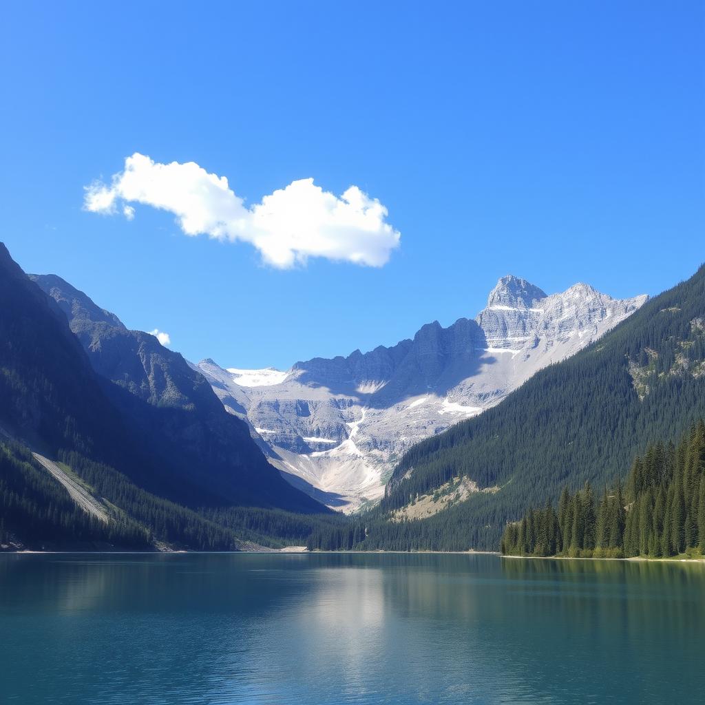 A beautiful landscape featuring a serene lake surrounded by mountains, with a clear blue sky and a few fluffy clouds