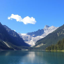 A beautiful landscape featuring a serene lake surrounded by mountains, with a clear blue sky and a few fluffy clouds