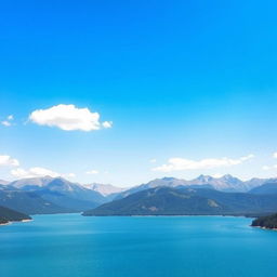 A beautiful landscape featuring a serene lake surrounded by mountains, with a clear blue sky and a few fluffy clouds