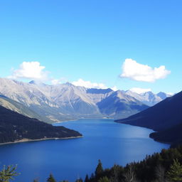 A beautiful landscape featuring a serene lake surrounded by mountains, with a clear blue sky and a few fluffy clouds