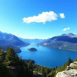 A beautiful landscape featuring a serene lake surrounded by mountains, with a clear blue sky and a few fluffy clouds