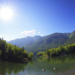 A beautiful landscape featuring a serene lake surrounded by lush green trees and mountains in the background