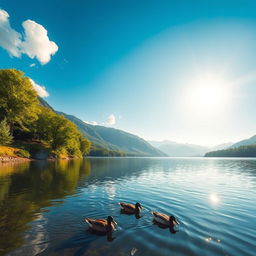 A beautiful landscape featuring a serene lake surrounded by lush green trees and mountains in the background