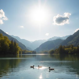 A beautiful landscape featuring a serene lake surrounded by lush green trees and mountains in the background