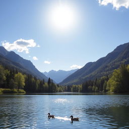 A beautiful landscape featuring a serene lake surrounded by lush green trees and mountains in the background