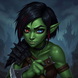 A female githyanki barbarian with green skin, a small upturned nose, one red eye and one blue eye