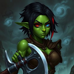 A female githyanki barbarian with green skin, a small upturned nose, one red eye and one blue eye