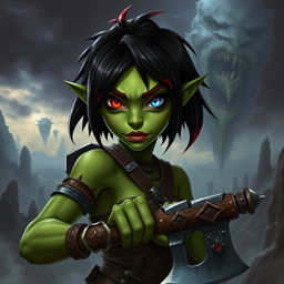 A female githyanki barbarian with green skin, a small upturned nose, one red eye and one blue eye