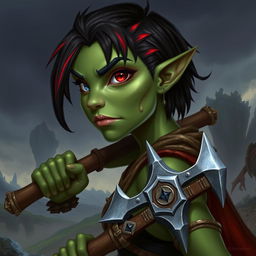 A female githyanki barbarian with green skin, a small upturned nose, one red eye and one blue eye