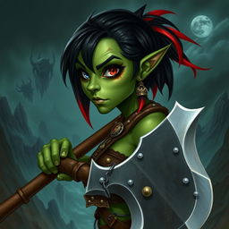 A female githyanki barbarian with green skin, a small upturned nose, one red eye and one blue eye