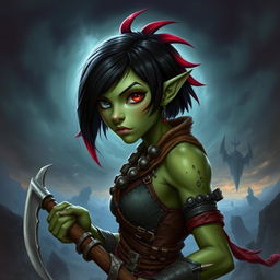 A female githyanki barbarian with green skin, a small upturned nose, one red eye and one blue eye