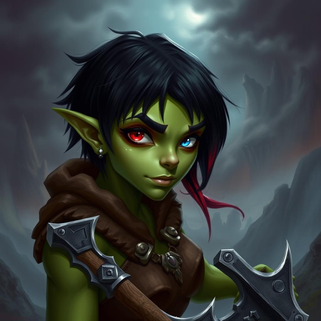 A female githyanki barbarian with green skin, a small upturned nose, one red eye and one blue eye